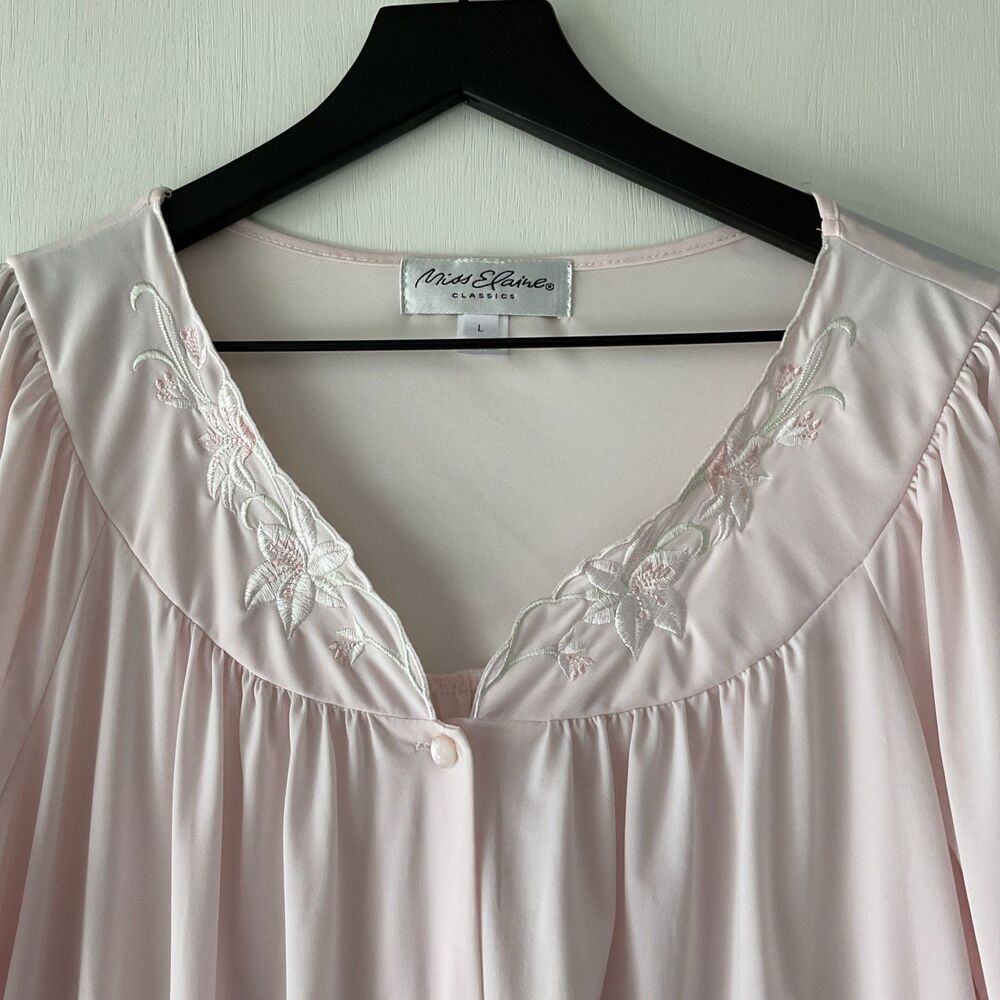 Miss Elaine Large Pastel Pink Housecoat Robe Floral Embroidery - Picture 2 of 8